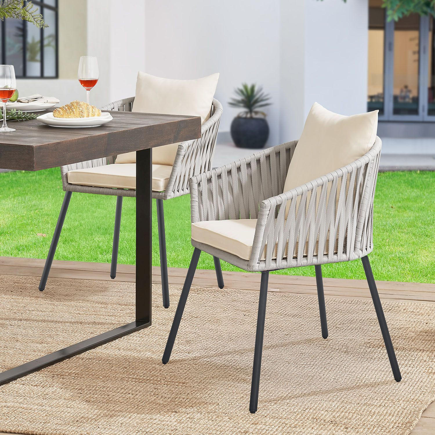GARTENSTUHL Rope hellgrau inkl. Kissen (2er-Set) - Hellgrau, Metall (58/80/58cm) - Juskys