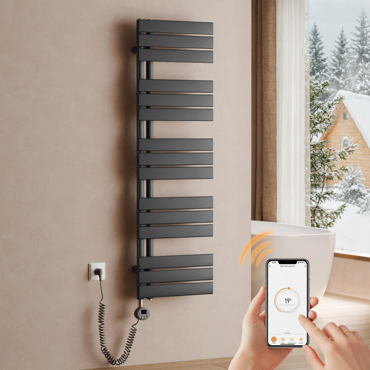 HANDTUCHHEIZKÖRPER 132/40 cm anthrazit elektrisch 600 W mit WLAN-Thermostat - Anthrazit, Metall (40/132/5.9cm) - S'AFIELINA