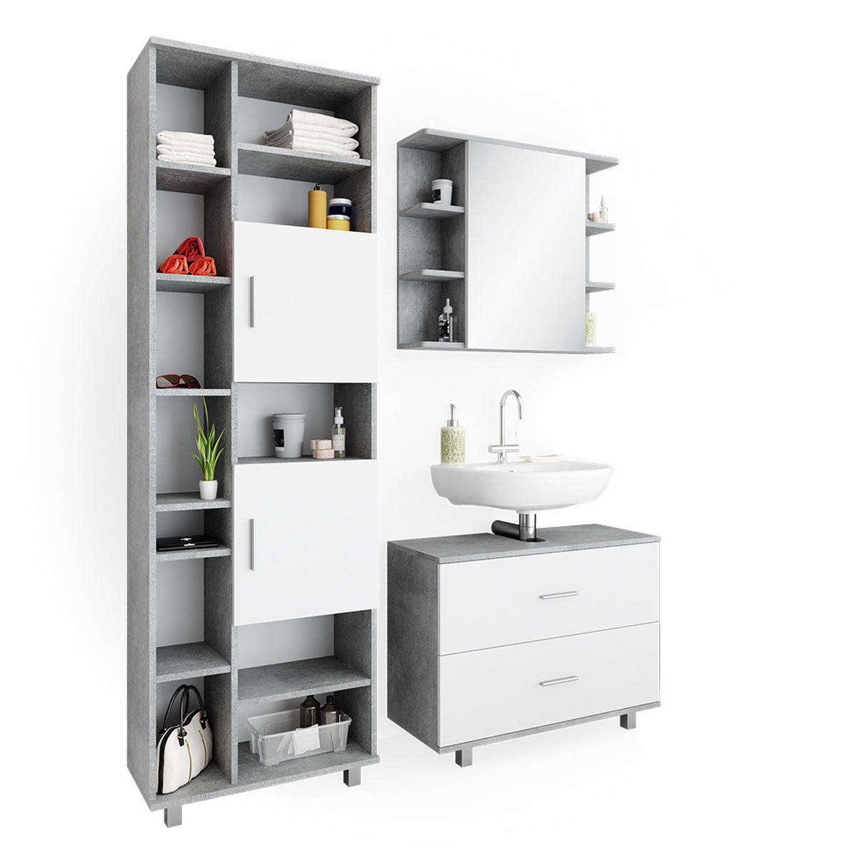 BADMÖBEL-SET Ilias Beton/Weiß 3 Teile, mit Hochschrank - Weiß/Grau, Holzwerkstoff (80.2/60.8/33cm) - Vicco