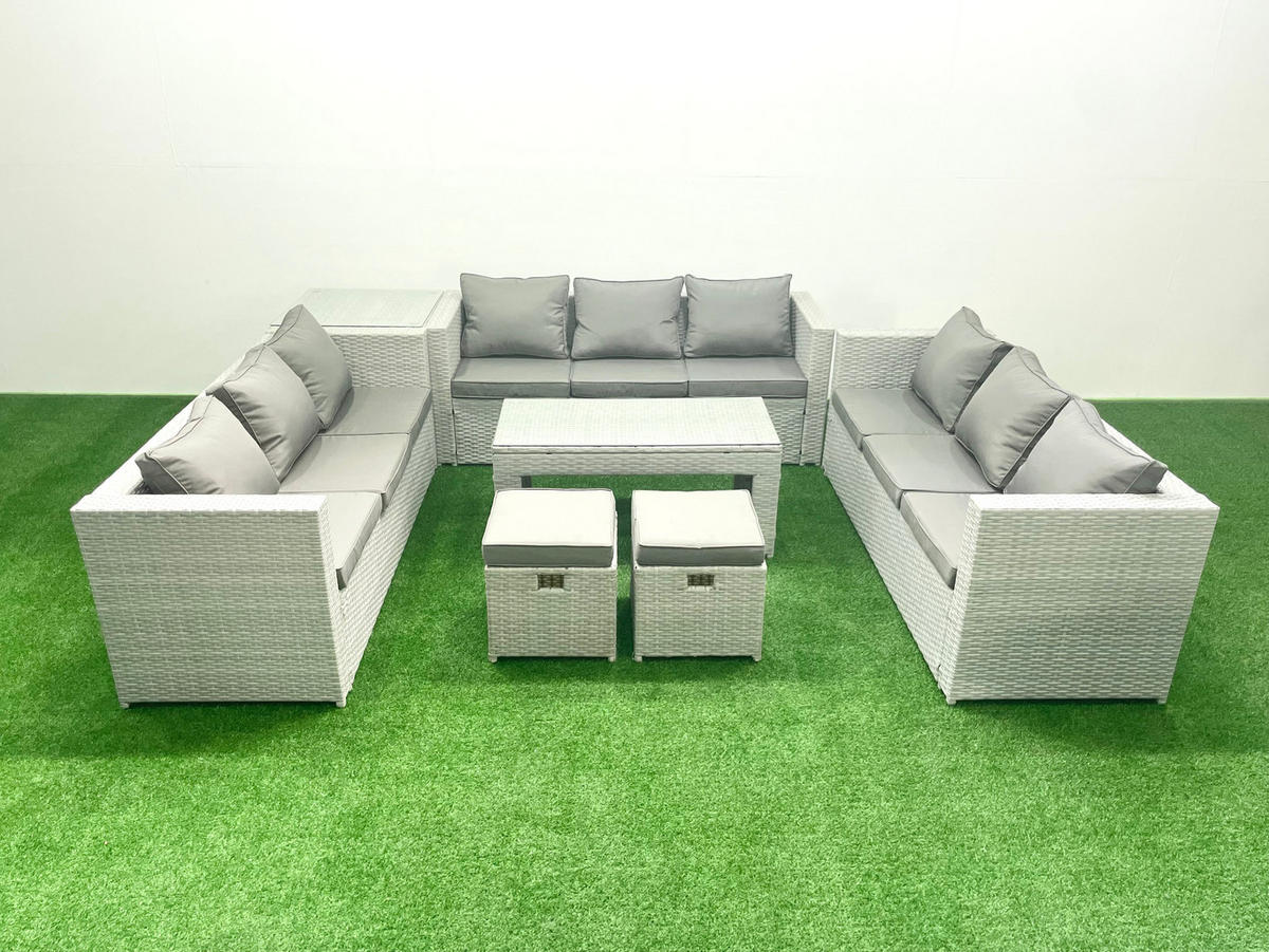 BALKONMÖBEL-SET Polyrattan Hellgrau-Mix 11-teilig - Hellgrau/Grau, Glas/Kunststoff - Fimous