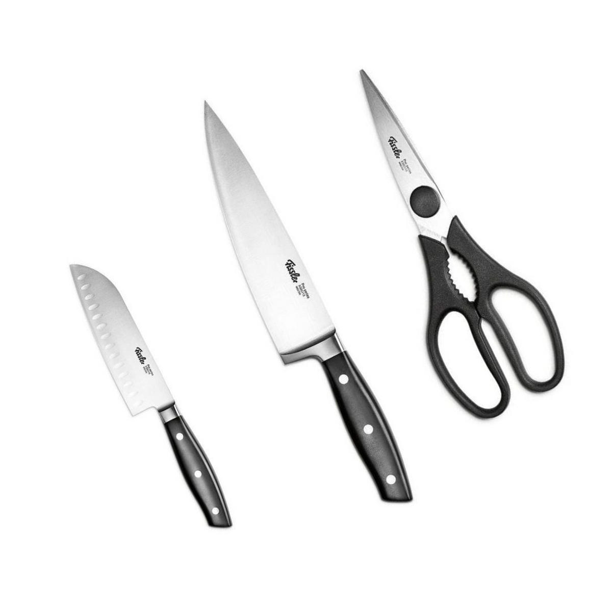 KÜCHENMESSER SET 3-tlg Schwarz, Santokumesser 130 mm, Kochmesser 190 mm, Küchenschere, Edelstahl, Schneidemesser, Küchenzubehör, Profi Messer - Silberfarben/Schwarz, Kunststoff/Metall - Fissler