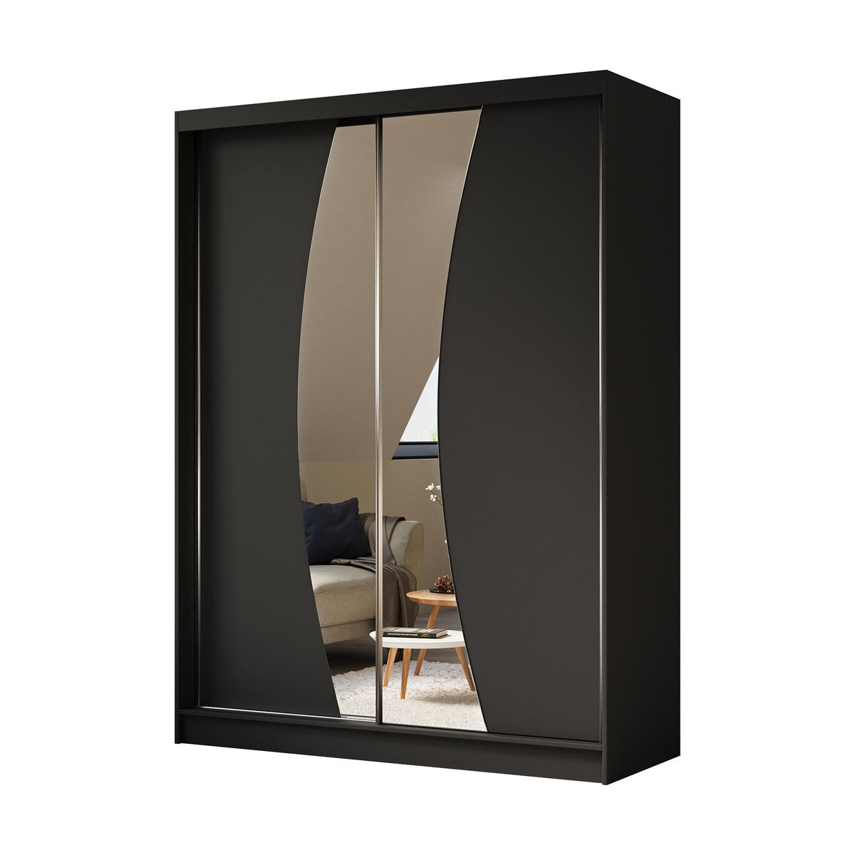 KLEIDERSCHRANK mit Spiegel-Schiebetüren und Aluminium-Leisten, LED-Beleuchtung - VOXI - 160 cm Schwarz - Schwarz, Holzwerkstoff (160/216/61cm) - ALTDECOR