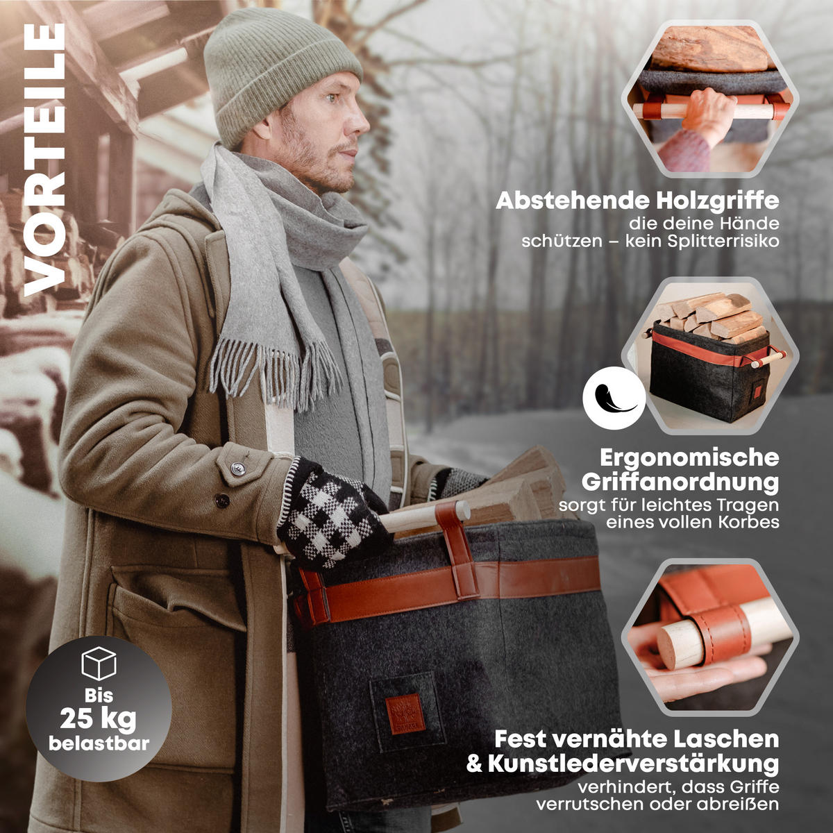 KAMINHOLZKORB Classic Filz mit Metallrahmen für Zusatzstabilität 42/32/35 cm - Dunkelgrau, Textil (32/35/42cm) - OAKAGE