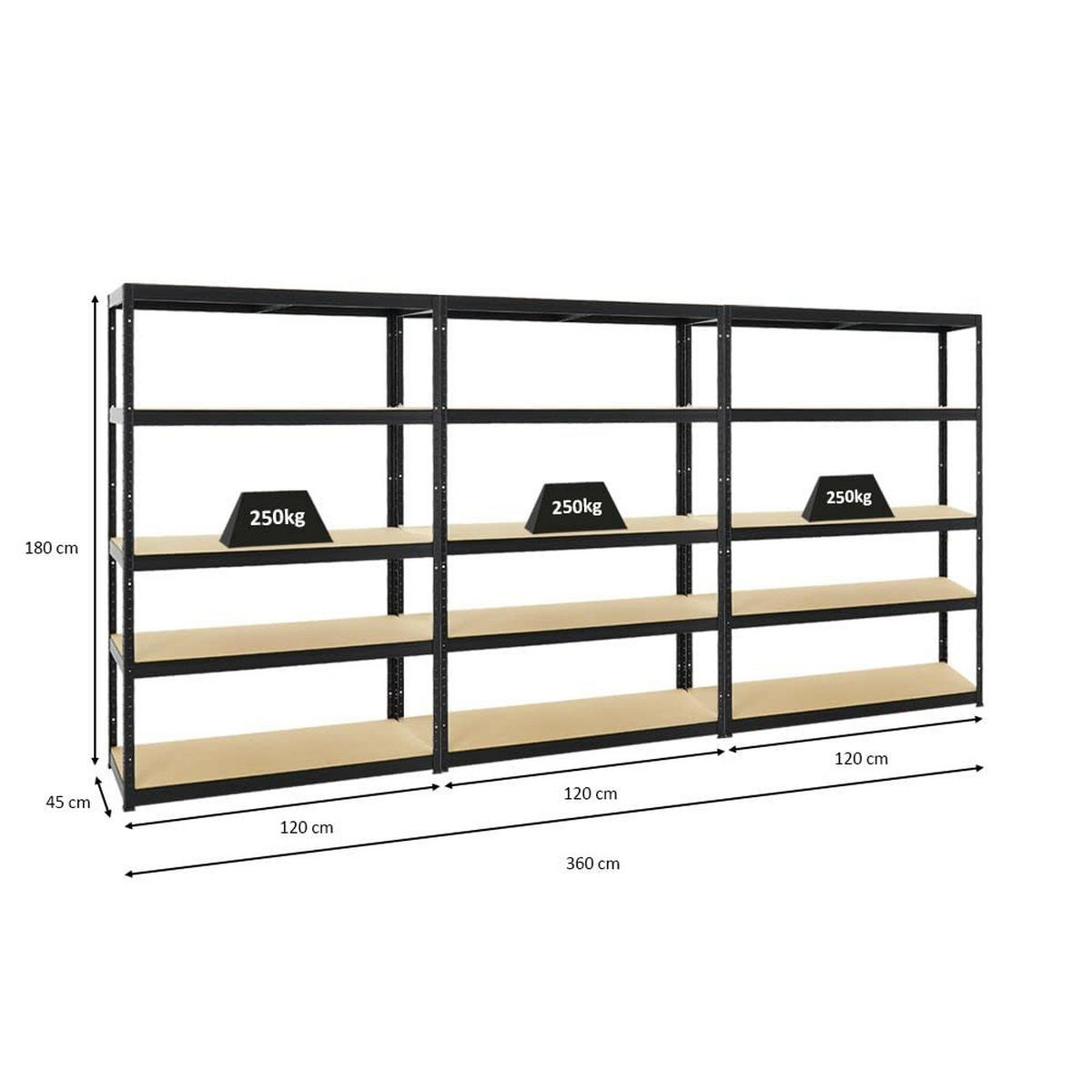 SCHWERLASTREGAL Big Elephant S 3er-Set mit 3x 180x120x45 cm Fachlast 250 kg Schwarz - Schwarz, Metall (360/180/45cm) - PROREGAL