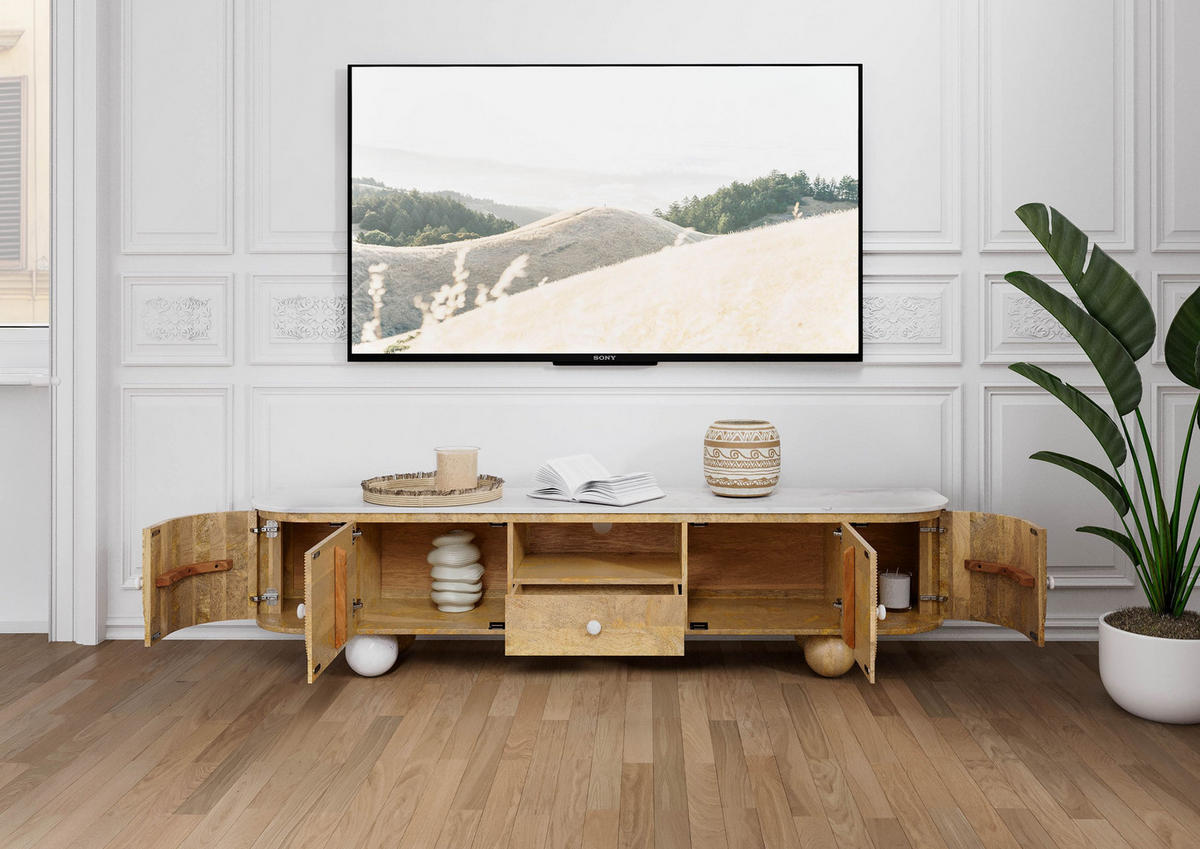 TV-BOARD Mango 200x40x50 natur lackiert / Marmor weiß FLORENZ #101 - Naturfarben, Holz (200/50/40cm) - Massivmoebel24