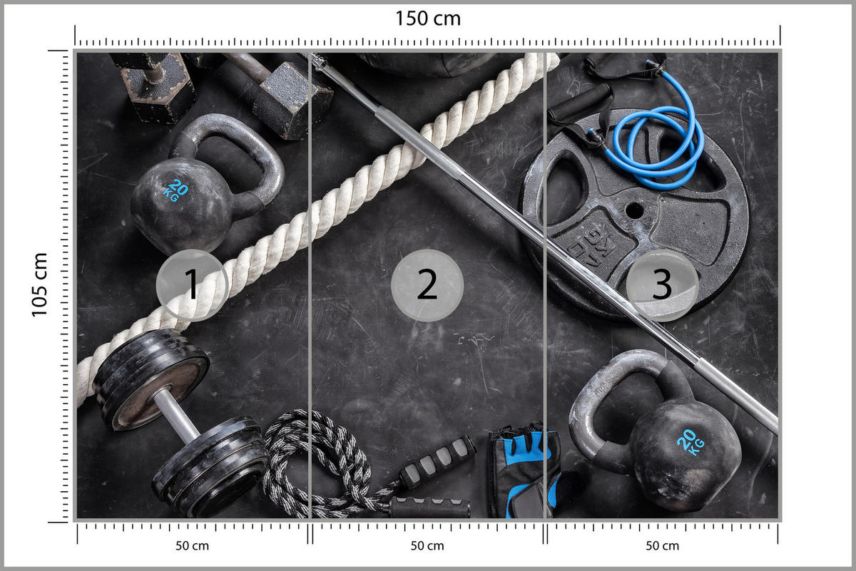 FOTOTAPETE für Fitnessstudio Sportgeräte zum Trainieren Kettlebells Hanteln 150x105 - Blau/Creme, Papier (150/105cm) - Muralo