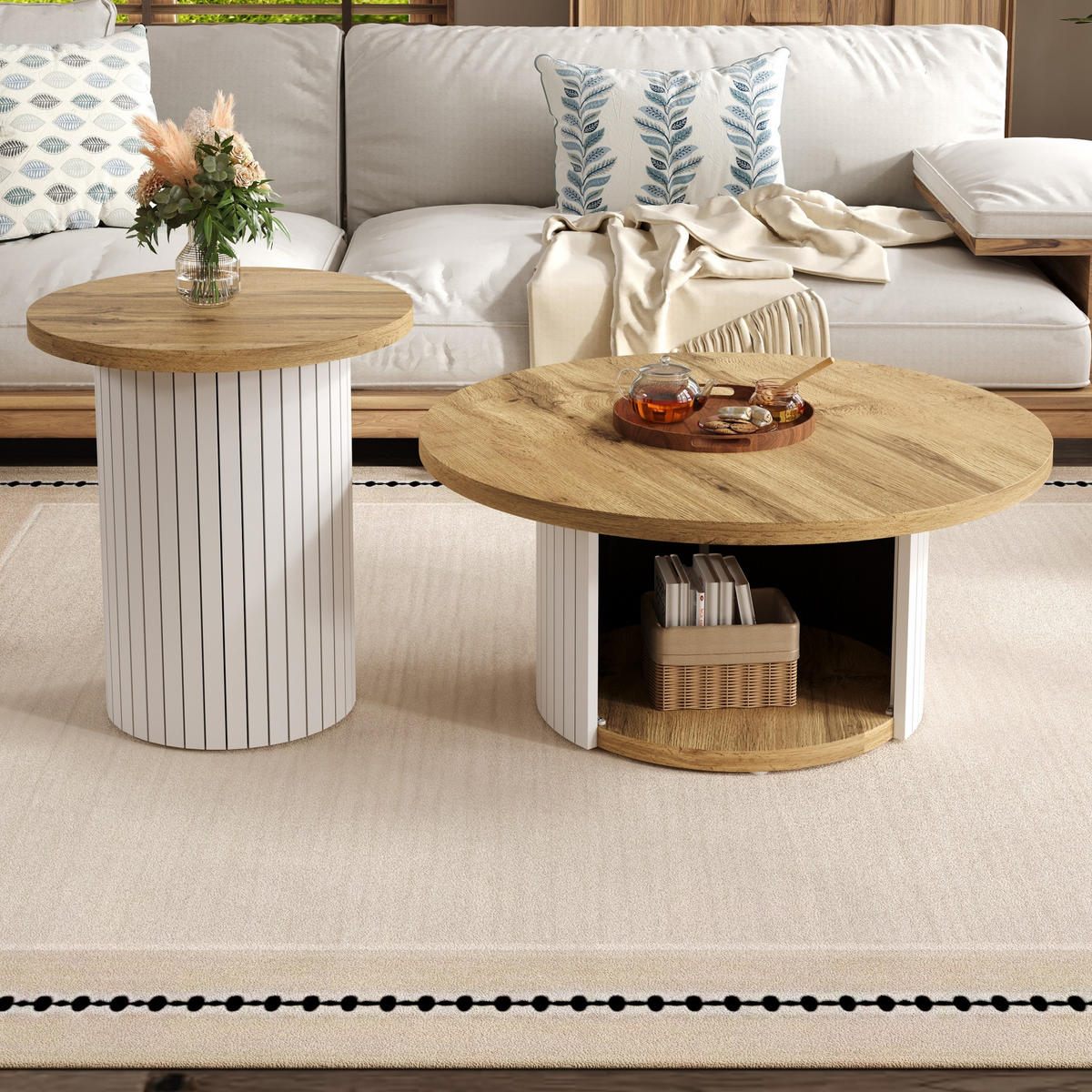COUCHTISCH-SET 75/75/50 cm und 45/45/35 cm mit Stauraum, flexiblem Beistelltisch und MDF, Natur - Naturfarben, Holzwerkstoff (75/75/35cm) - Modfu