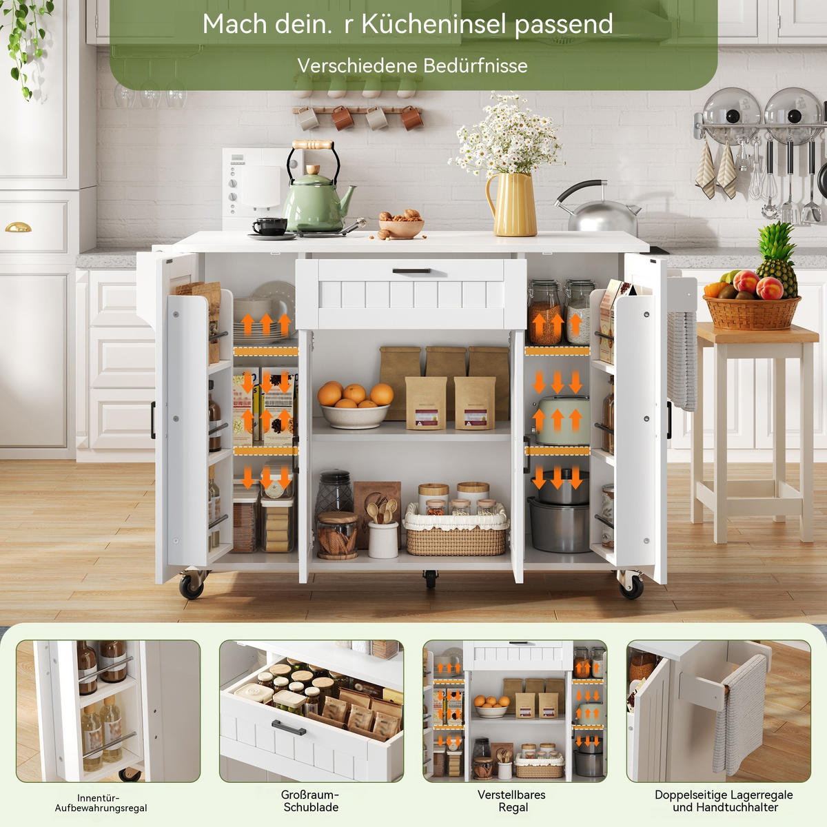 KÜCHENINSEL 120/45(70)/95 cm Weiß mit Klappplatte, 4 Türen, 1 Schublade und Gewürzregalen - Weiß, Holz/Holzwerkstoff (120/95/70cm) - Oxeza