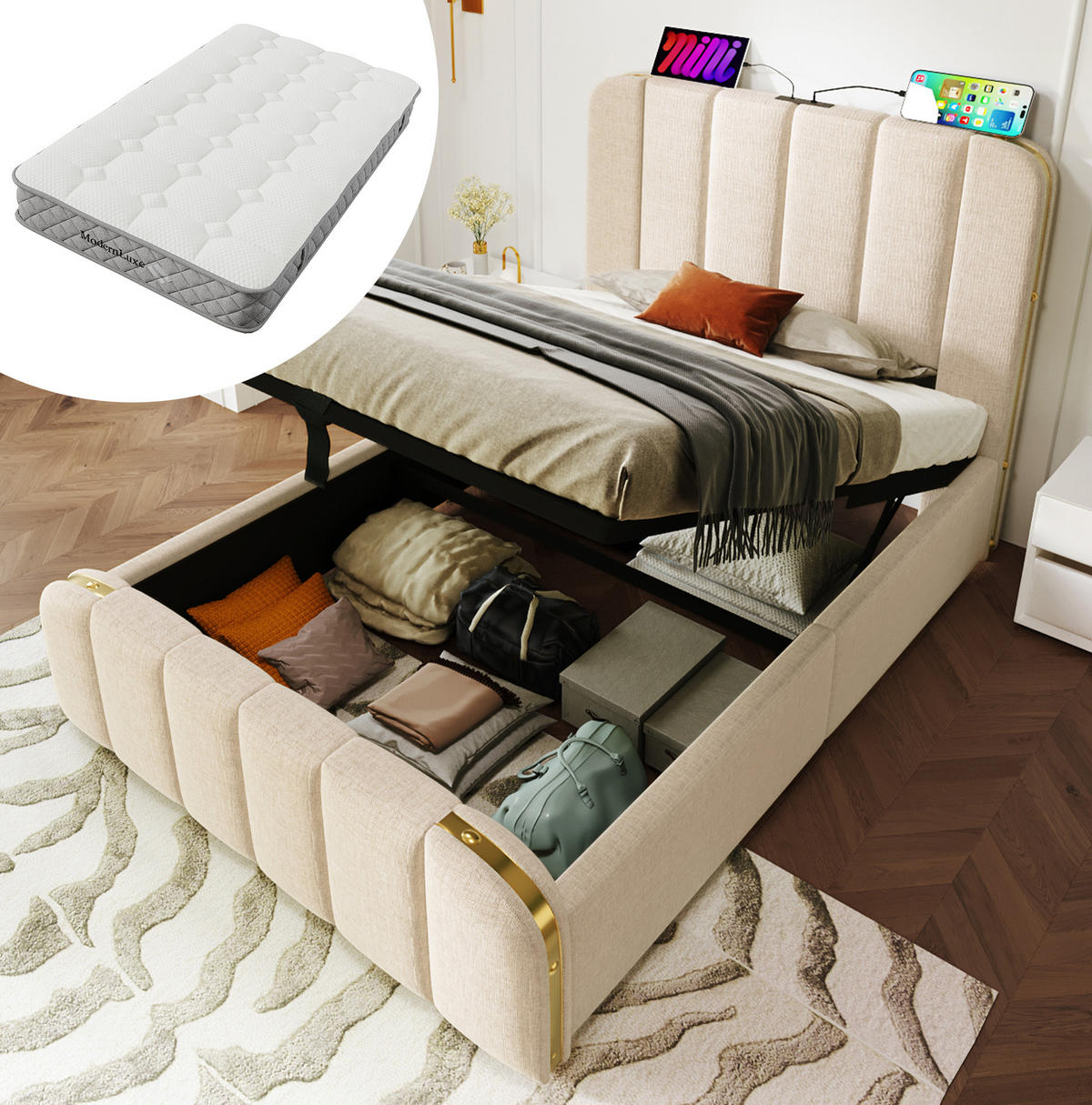 POLSTERBETT 90/200 cm Beige aus Leinen mit Stauraum und Matratze - Beige, Textil (90/200cm) - OKMYHOME