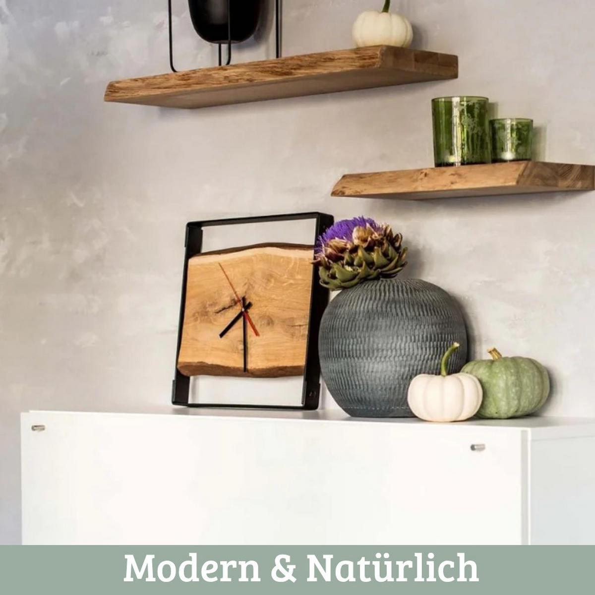 WANDUHR groß Holz EFFO HANDGEFERTIGT 37x37 cm Eiche Geräuschlos mit Nuten - Braun, Holz (37.2/37/4cm) - DELUKE