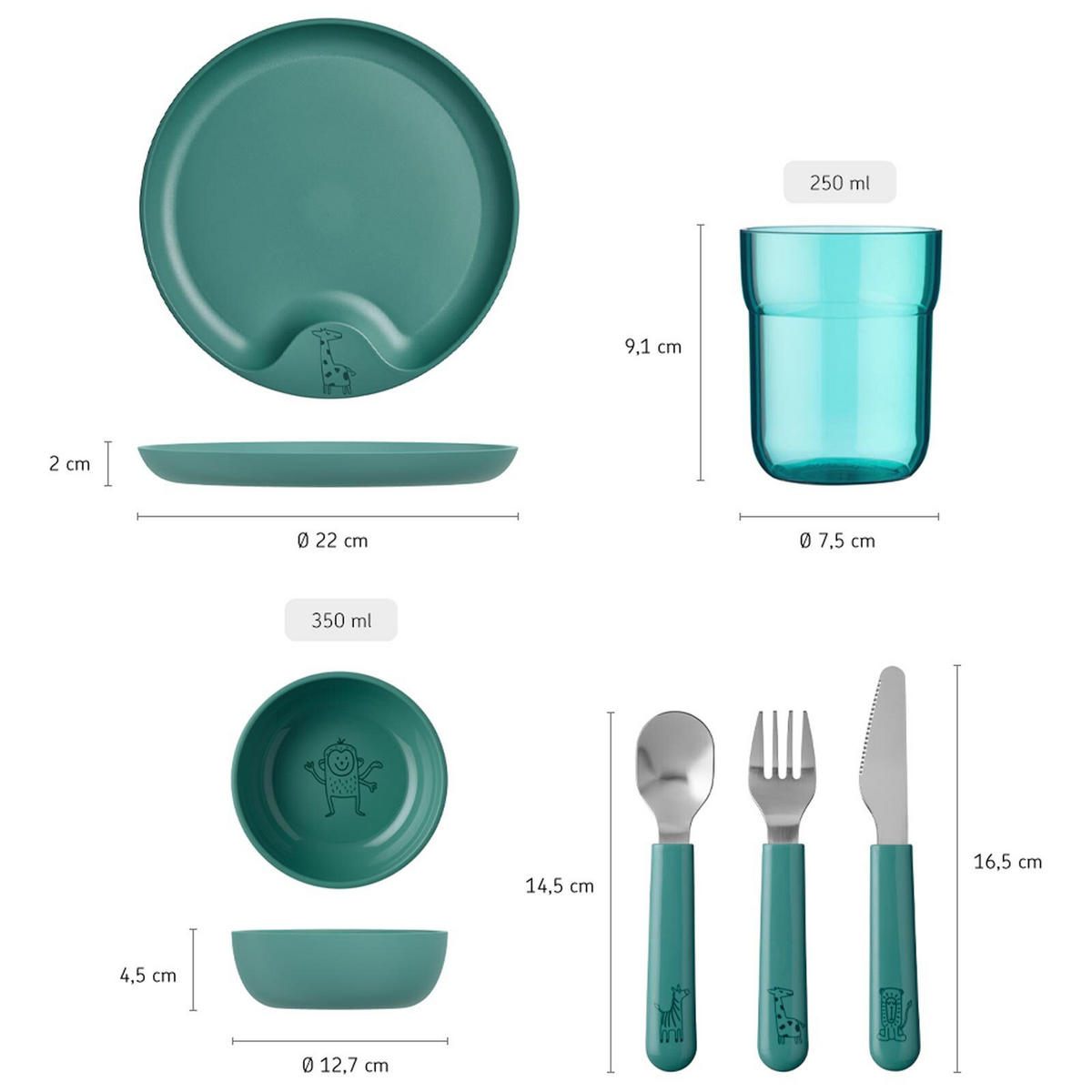 KINDERGESCHIRR Mio Deep Turquoise 6er Set - Türkis, Kunststoff (10.5/22/33.5cm) - Mepal