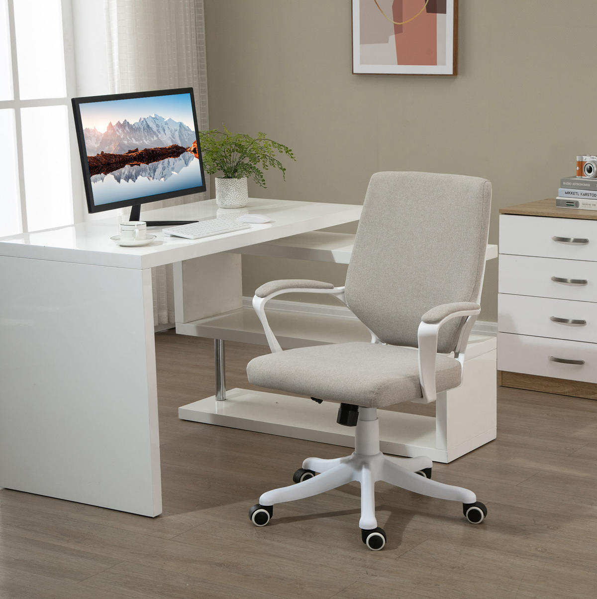 DREHSTUHL 62/69/92-100 cm beige aus Polyester mit Lendenstütze - Beige, Kunststoff (69/100/62cm) - OKWISH