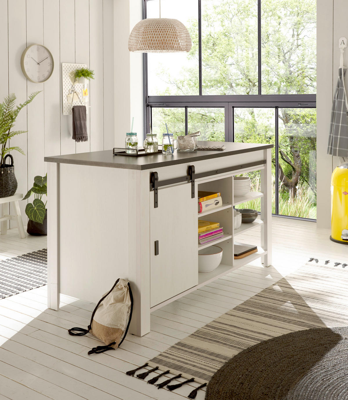 KÜCHENINSEL weiß Pinie, anthrazit Landhaus 162 cm, Kochinsel freistehend - Anthrazit/Schwarz, Holzwerkstoff/Metall (162/93/77cm) - Furn.Design