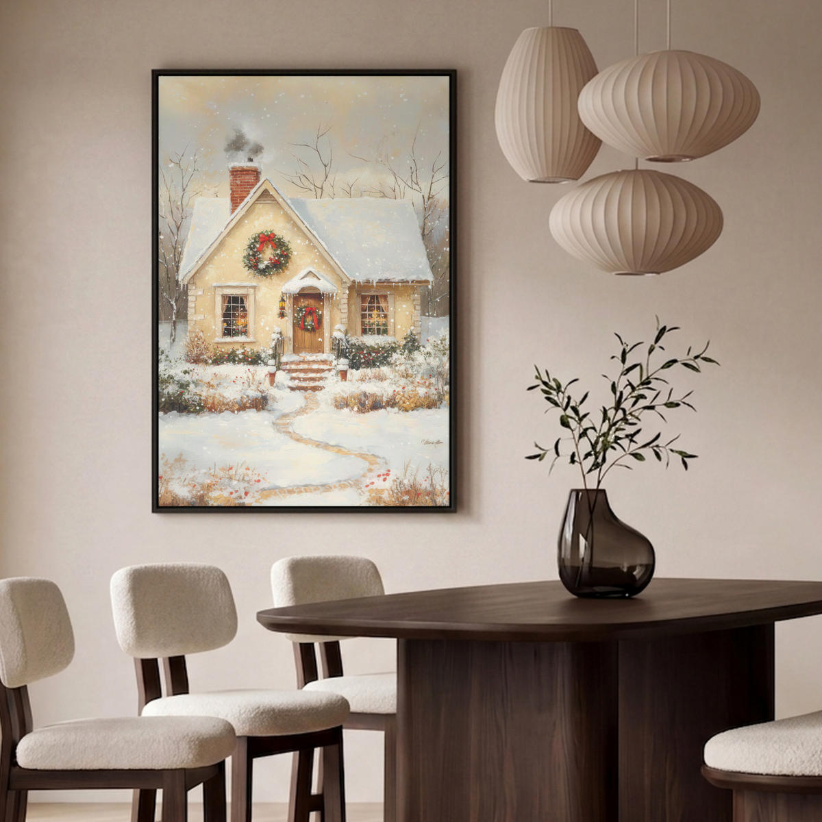 LEINWAND Bilder mit Rahmen - Weihnachten - Zuhause - Winter - Schnee - 90x140 - Creme, Textil (90/140cm) - MuchoWow