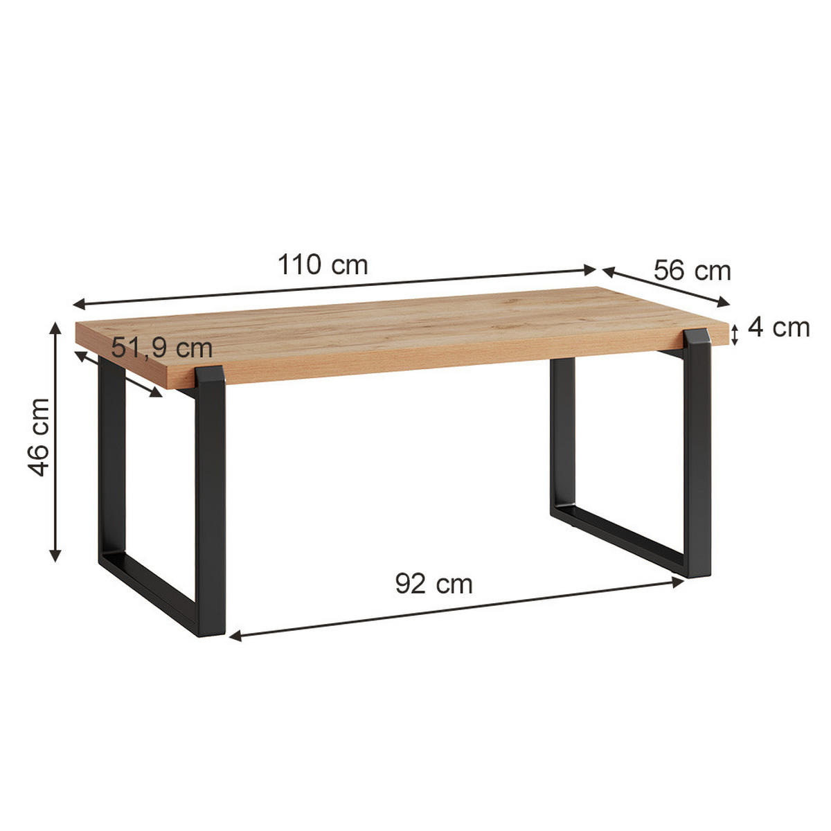 COUCHTISCH Halifax Eiche rustikal 110 x 56 cm mit Metallrahmen - Wildeiche/Schwarz, Holzwerkstoff (56/110/46cm) - Vicco