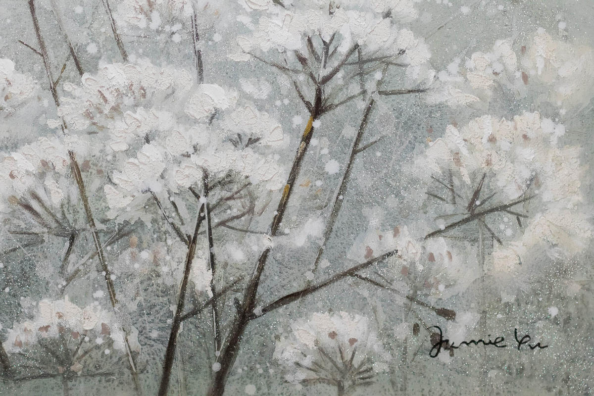 RUČNE MAĽOVANÝ AKRYLOVÝ OBRAZ 80/80 cm, biely/sivý, prírodný a botanický motív - sivá/biela, drevo/textil (80/80cm) - KUNSTLOFT