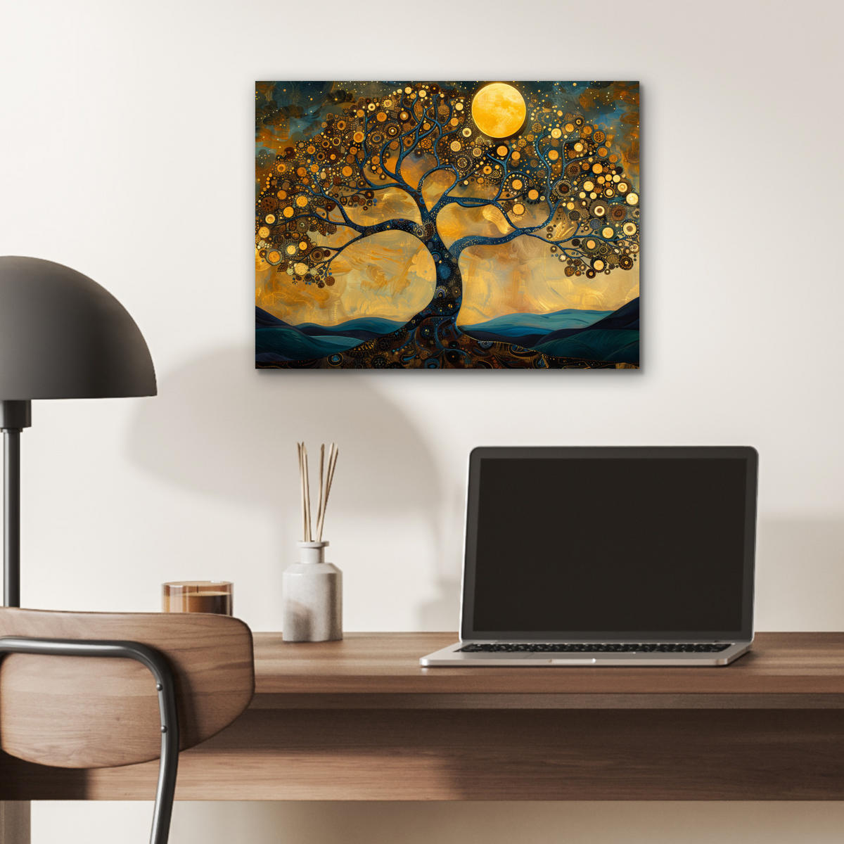 KOVOVÝ OBRAZ Strom - Mesiac - Kvety - Zlato - Umenie 40x30 cm - oranžová, kov (40/30cm) - MuchoWow