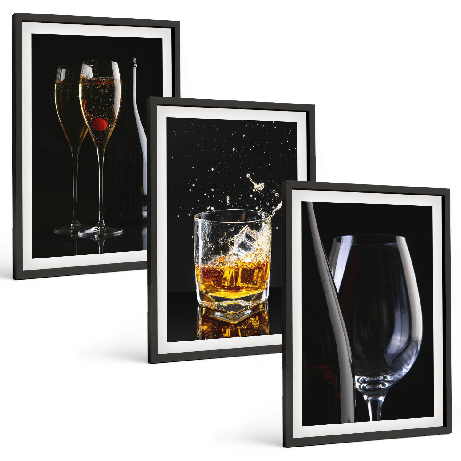 BILDER SET 3er Set - 40x60 cm Schwarzer Rahmen - Weingläser und Whiskygläser auf schwarzem Hintergrund - Schwarz, Kunststoff (40/60cm) - TULUP