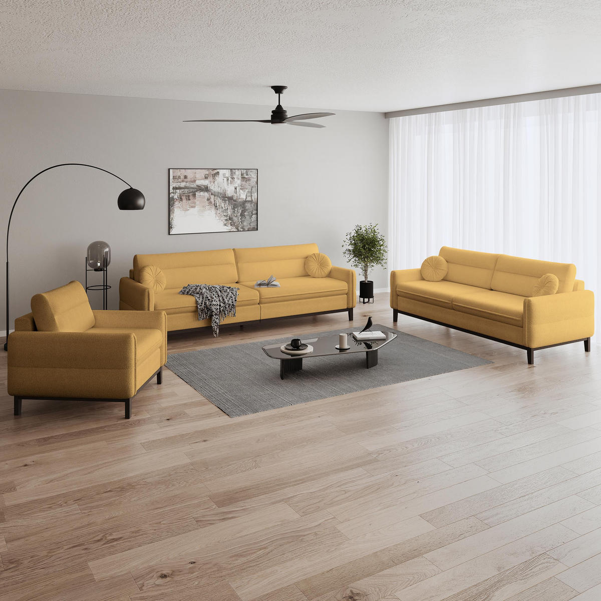 SITZGARNITUR Belweder, zwei Sofas+Sessel, Gelb, Bouclé - Wengefarben/Gelb, Holz/Textil (268/95/94cm) - Beautysofa