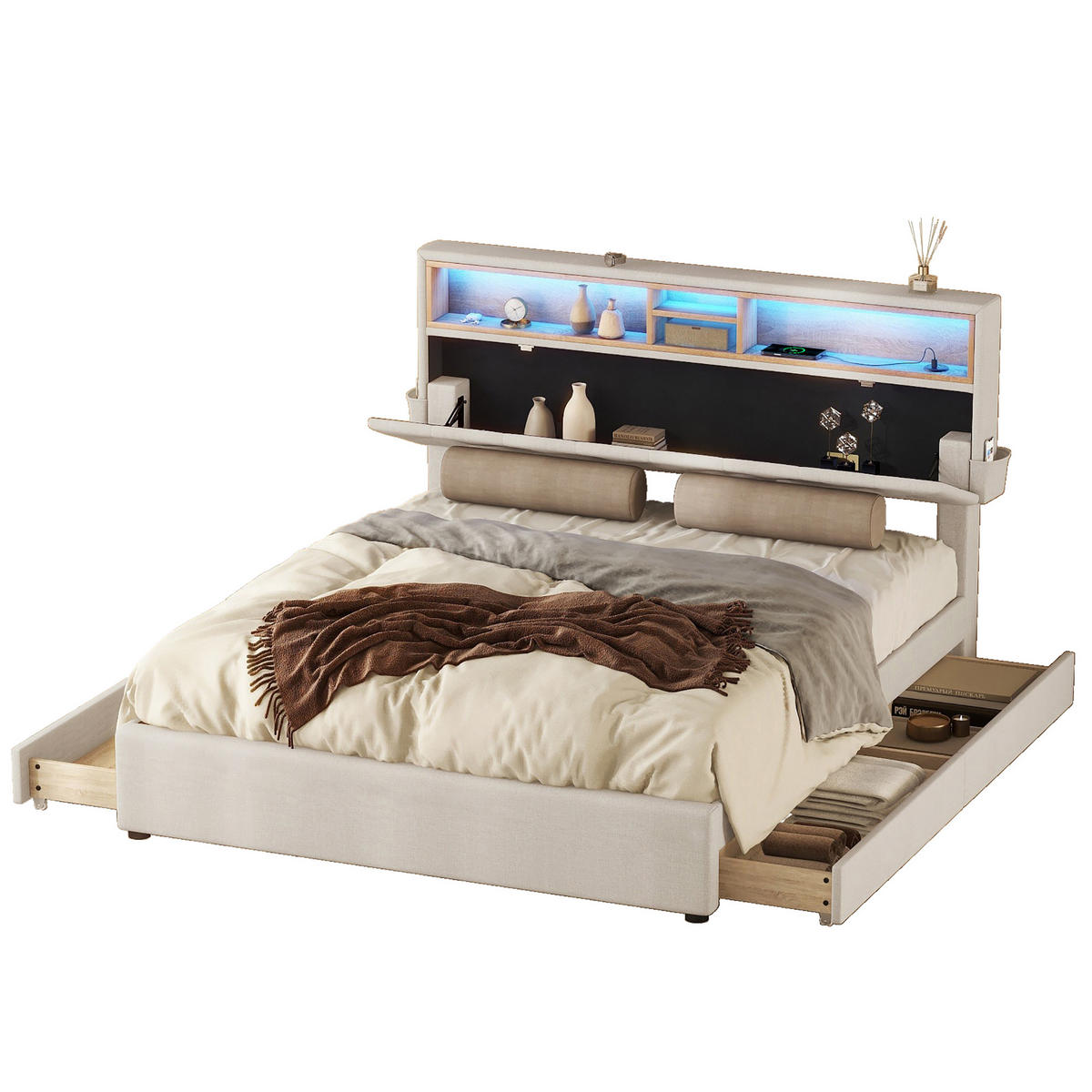DOPPELBETT 140x200cm Beige Polsterbett LED USB 4 Schubladen Kopfteil - Beige, Holz (140/200cm) - FLIEKS