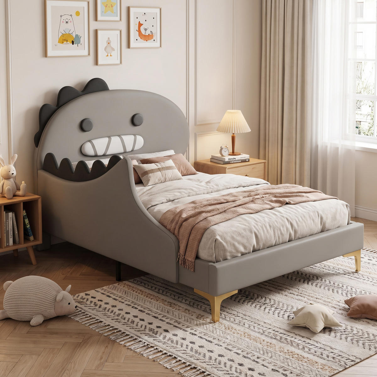 DĚTSKÁ POSTEL PU design dinosaura 90x200 cm s lamelovým roštem - šedá, kůže (90/200cm) - Urban Meuble
