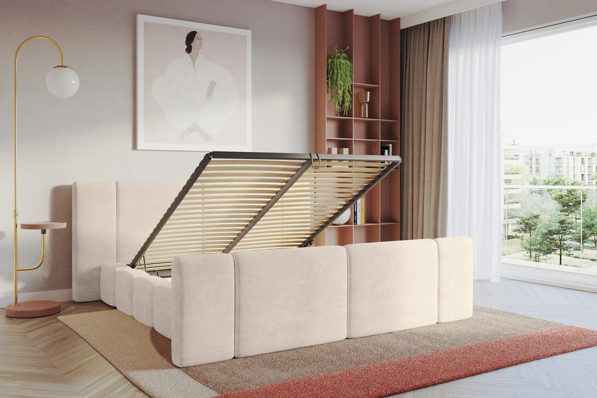 POLSTERBETT mit Bettkasten, Fußteil und Lattenrost, Bett mit Matratze H3/H4 - NILO-Z 180x200 Beige - Beige, Holzwerkstoff/Textil (180/200cm) - ALTDECOR