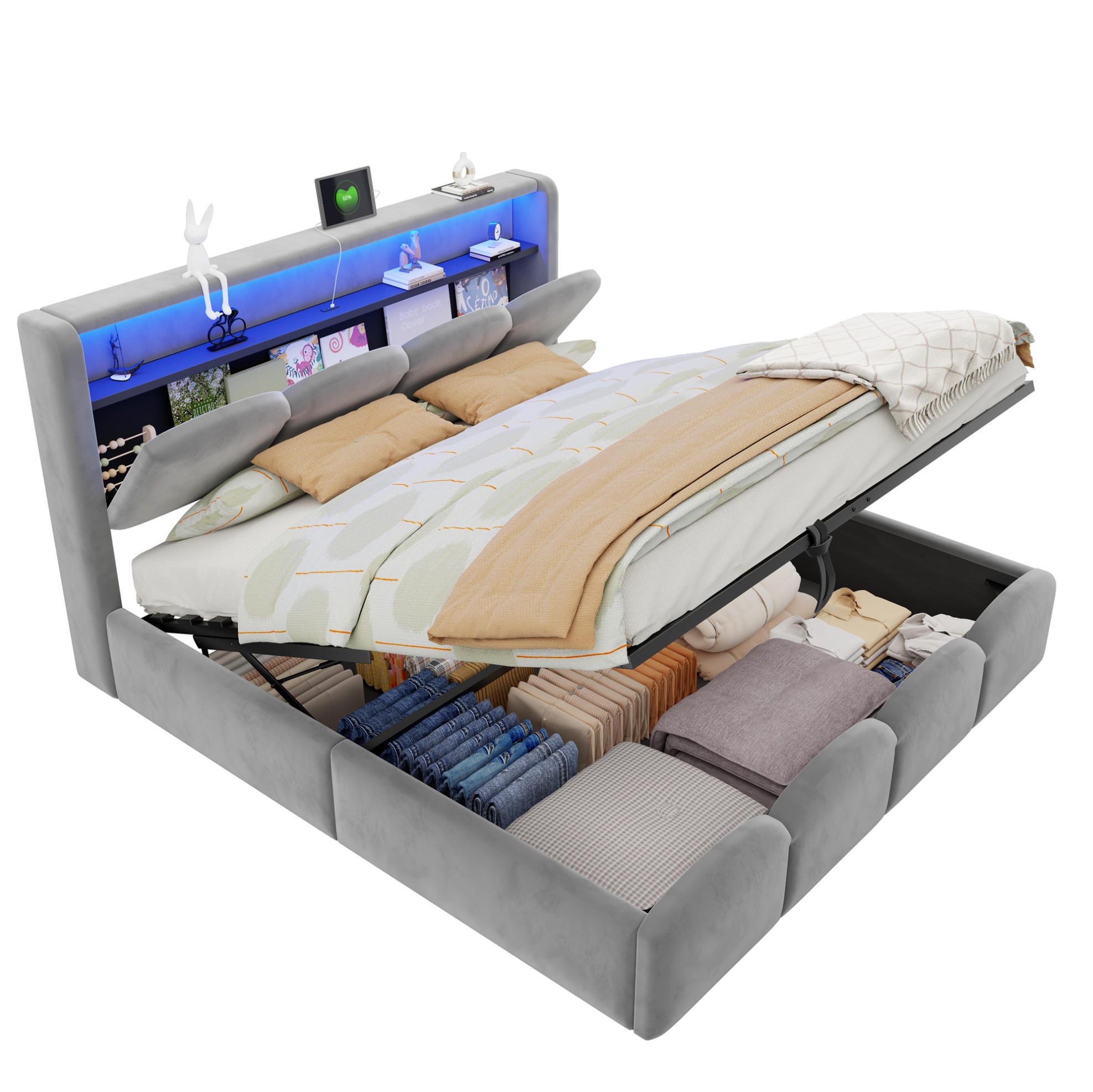 POLSTERBETT 140x200 cm in Grau mit LED, USB-/Typ-C-Anschlüssen und Stauraum - Grau, Textil (140/200cm) - IVMEU