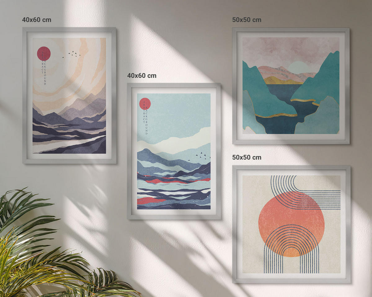 BILDER SET 4er Set - 50x50 cm & 40x60 cm Silberner Rahmen - Japanische Berglandschaften - Silberfarben, Kunststoff (50/50cm) - TULUP