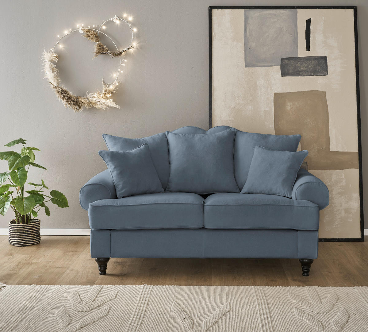 SOFA blau Landhaus, Couch 2-Sitzer 170 cm - Blau, Holz/Textil (170/95/100cm) - Furn.Design
