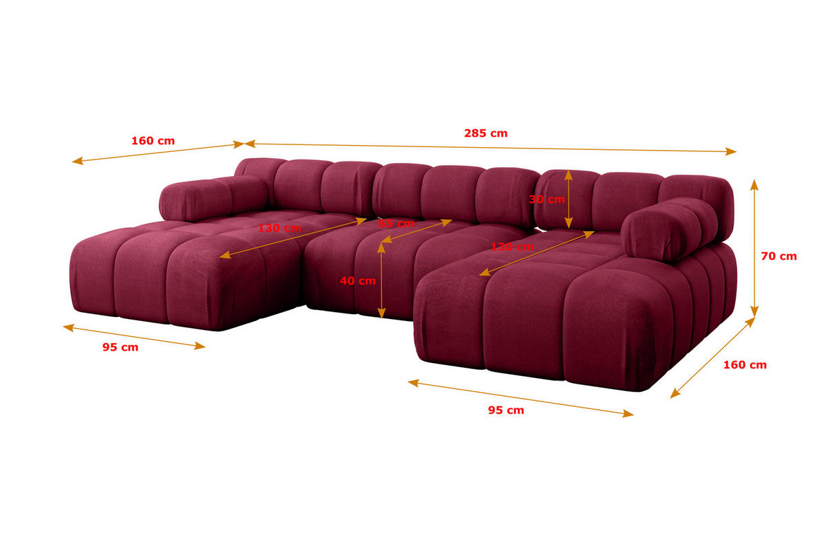WOHNLANDSCHAFT modulares Sofa Tesso-U1 - 285x160x70 cm Bordeauxrot Velours - Bordeaux, Holzwerkstoff/Textil (285/70/160cm) - ALTDECOR