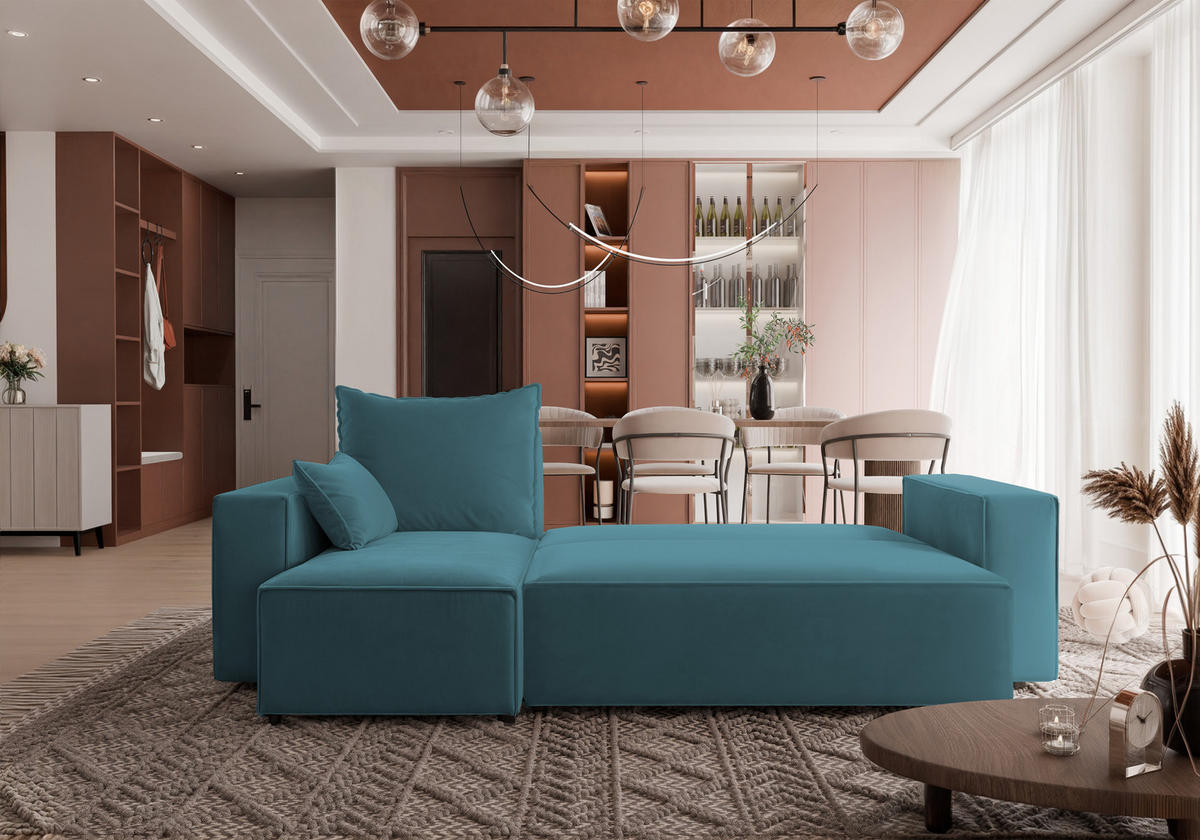 ECKSOFA Tobi mit Bettkasten und Schlaffunktion, L-Form, Velourstoff, Universal - Türkis, Holzwerkstoff (246/145cm) - 4ALL HOME