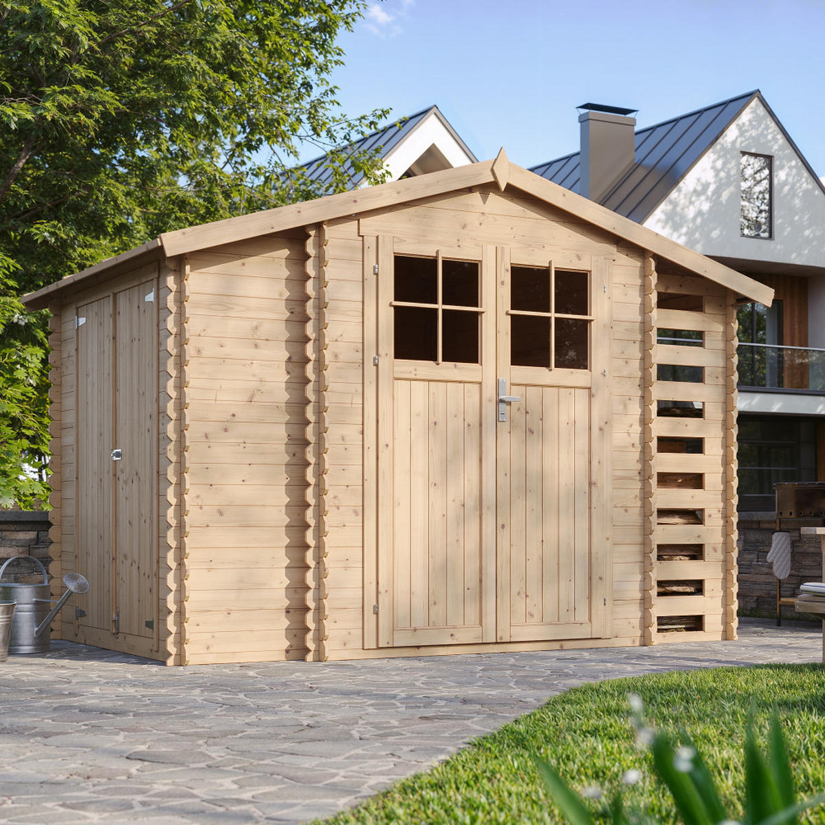 GARTENHAUS aus Holz mit Brennholzschuppen - imprägnierter Boden Imprägnierte - 3,53 + 0,97 + 0,97 m2 - M389F+M389G - Beige, Holz (312/218/206cm) - Timbela
