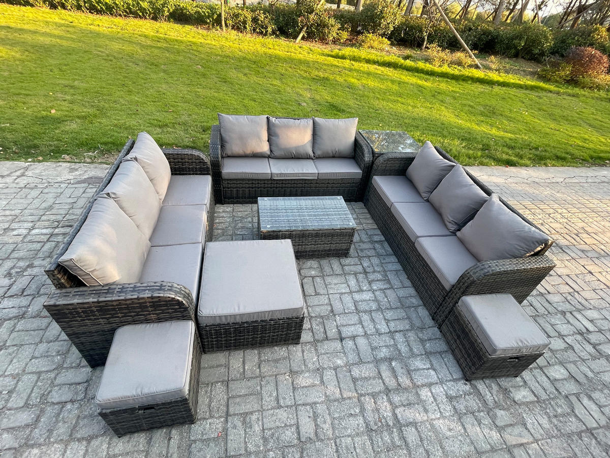 GARTENMÖBELGARNITUR mit KISSEN Polyrattan Dunkelgrau 12-Sitzer - Dunkelgrau/Grau, Glas/Kunststoff - Fimous