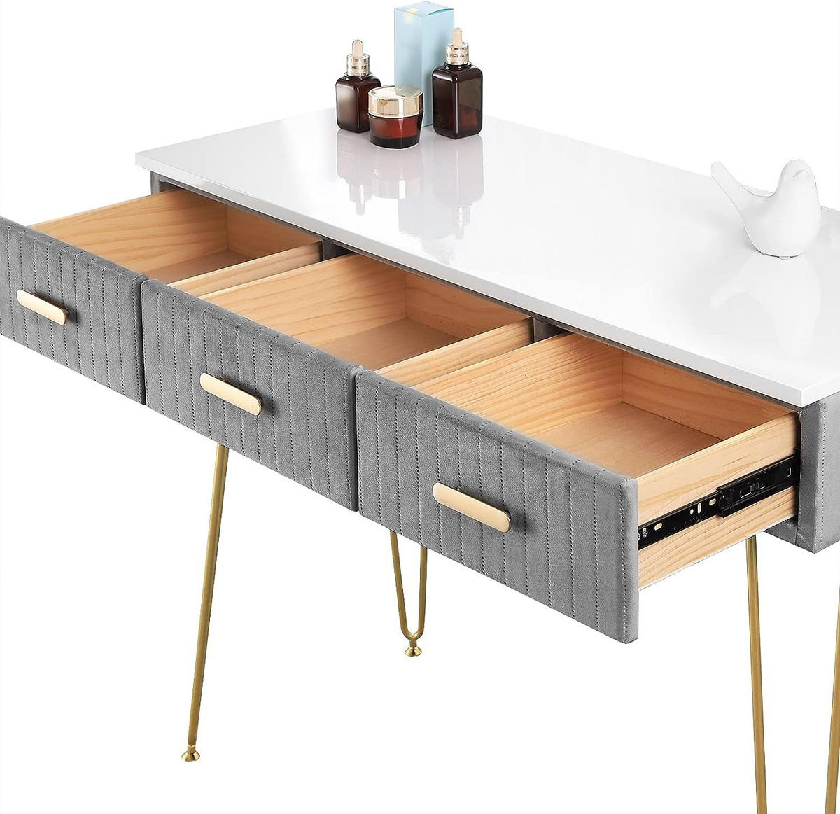 SCHMINKTISCH mit Hocker Spiegel - Goldfarben/Grau, Holzwerkstoff/Metall (100/77.5/40cm) - Woltu