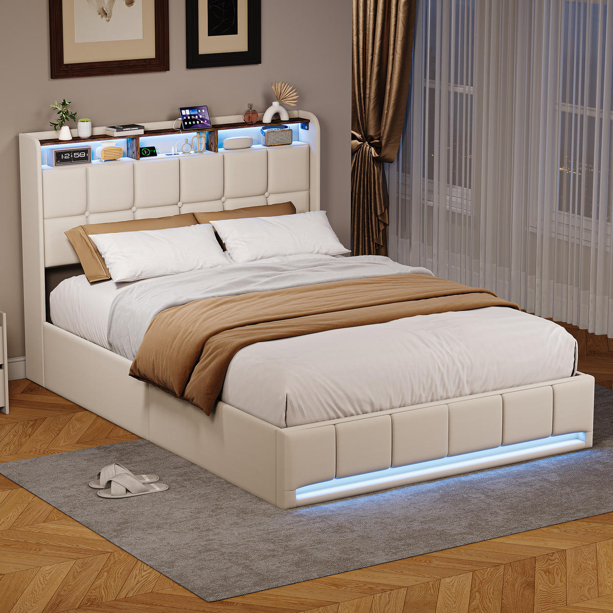 POLSTERBETT 140x190 cm LED USB C Hydraulik Stauraum Metall beige - Beige, Holz (140/190cm) - Fortuna Lai