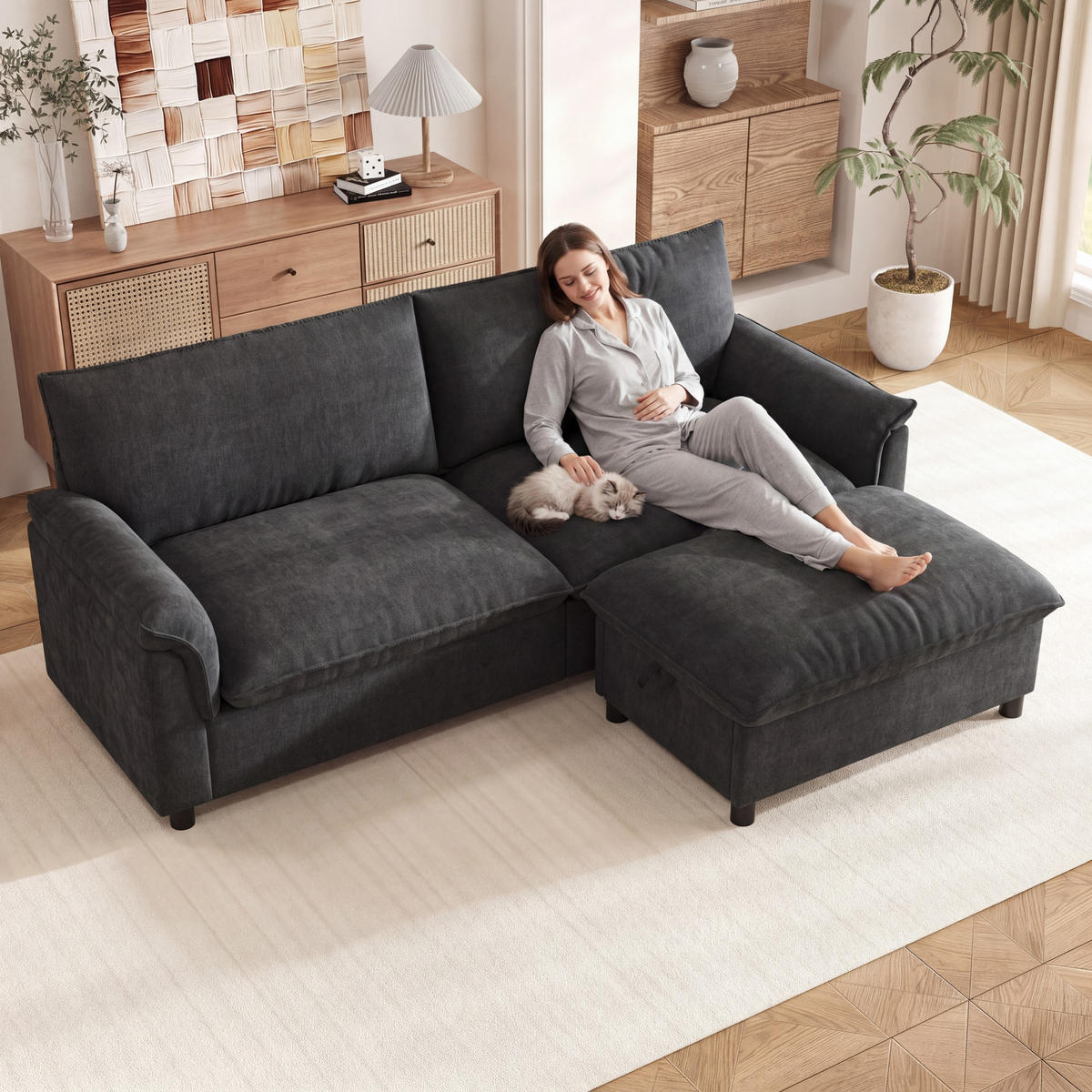 ECKSOFA Chenille Schwarz mit Hocker, Stauraum und Schlaffunktion - Schwarz, Holzwerkstoff/Kunststoff (216/77cm) - WISHDOR