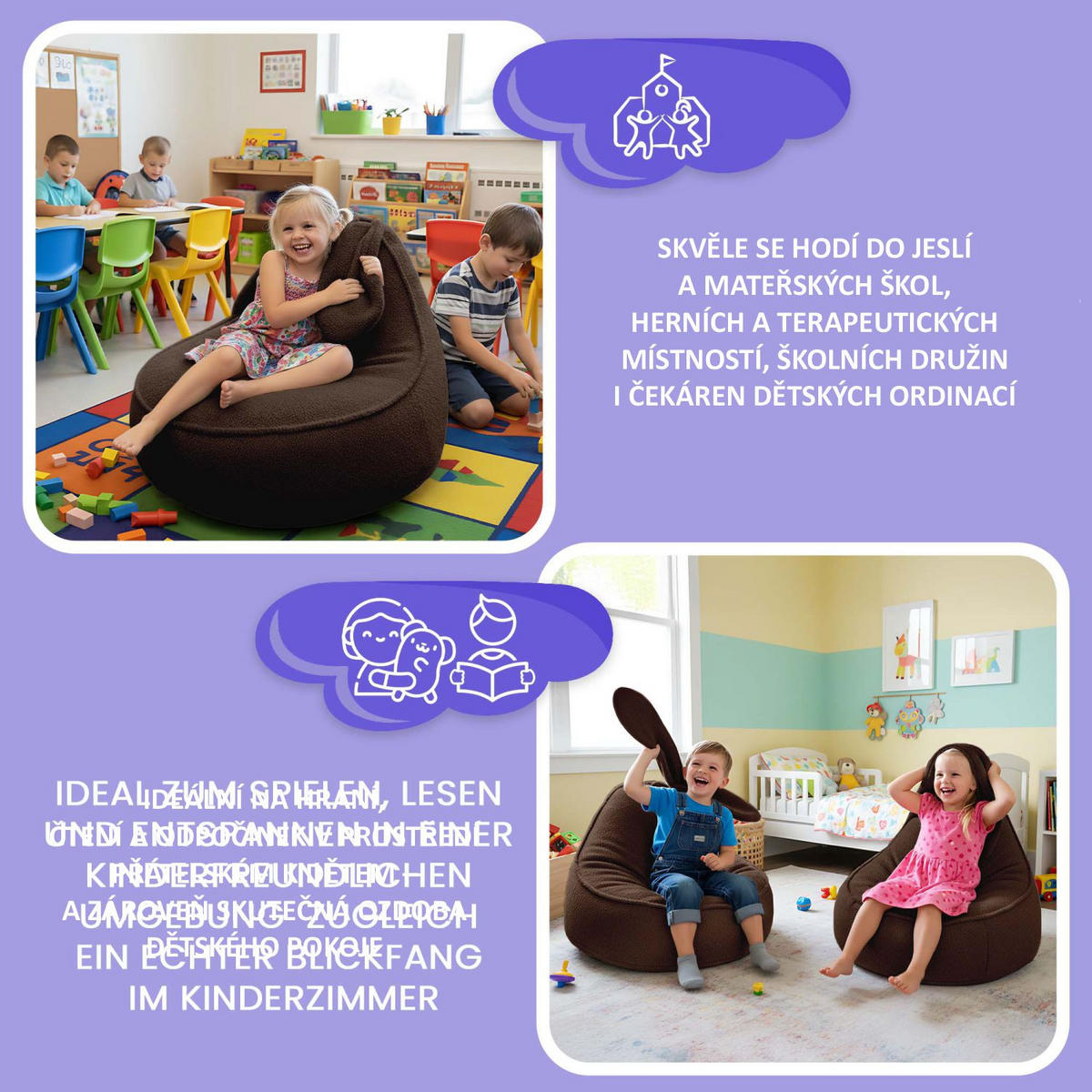 SITZSACK FÜR KINDER Hase 75/75/55 cm, weicher Bouclé 315 g/m², abnehmbarer Bezug, Cocoa Brown - Dunkelbraun, Textil (75/55/75cm) - Dreamroots