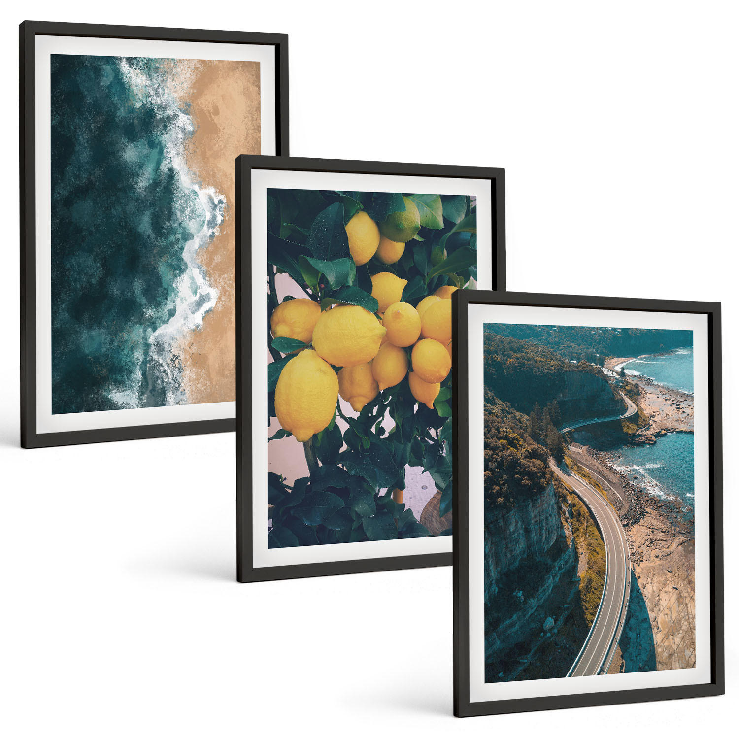 BILDER SET 3er Set - 40x60 cm Schwarzer Rahmen - Meerstrand Zitronen Berge - Schwarz, Kunststoff (40/60cm) - TULUP