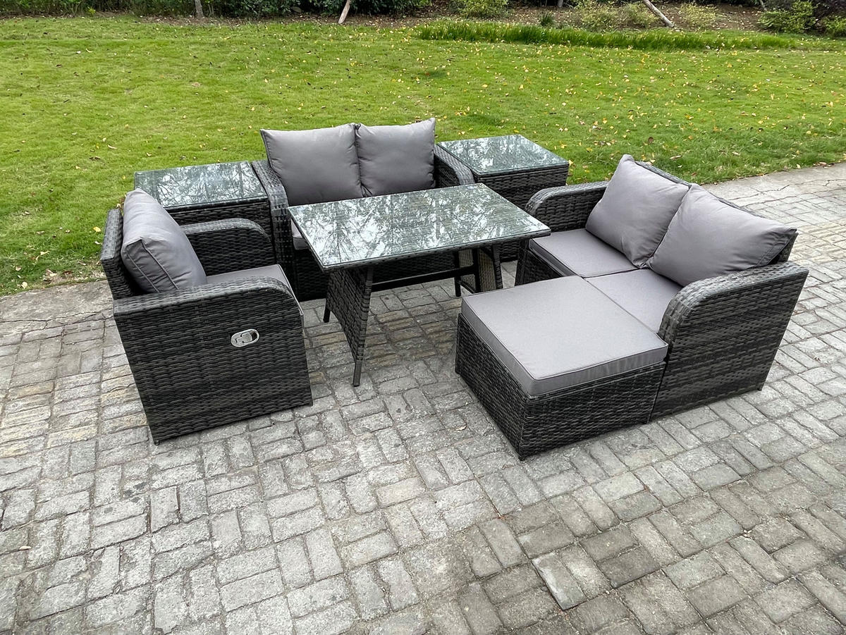 BALKONSET mit ESSTISCH SOFA Polyrattan Dunkelgrau 6-Sitzer - Dunkelgrau/Grau, Glas/Kunststoff - Fimous