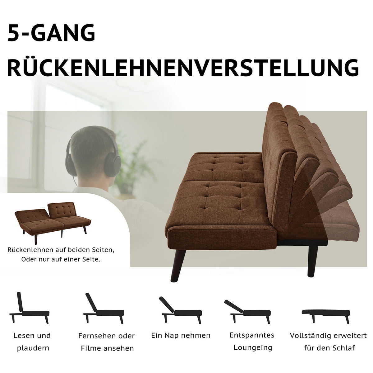 SCHLAFSOFA aus Leinen 157x51x70 cm in Braun mit 5-fach verstellbarer Rückenlehne - Braun, Textil (157/70/51cm) - Modfu