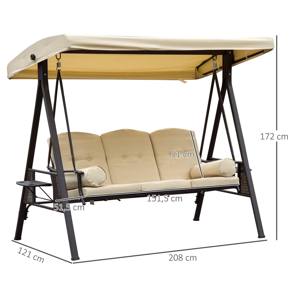 3-SITZER HOLLYWOODSCHAUKEL DE-06998 mit Sonnendach, Ablagen, bis 360 kg Beige/Braun - Beige/Braun, Metall (208/172/121cm) - ComfortXL