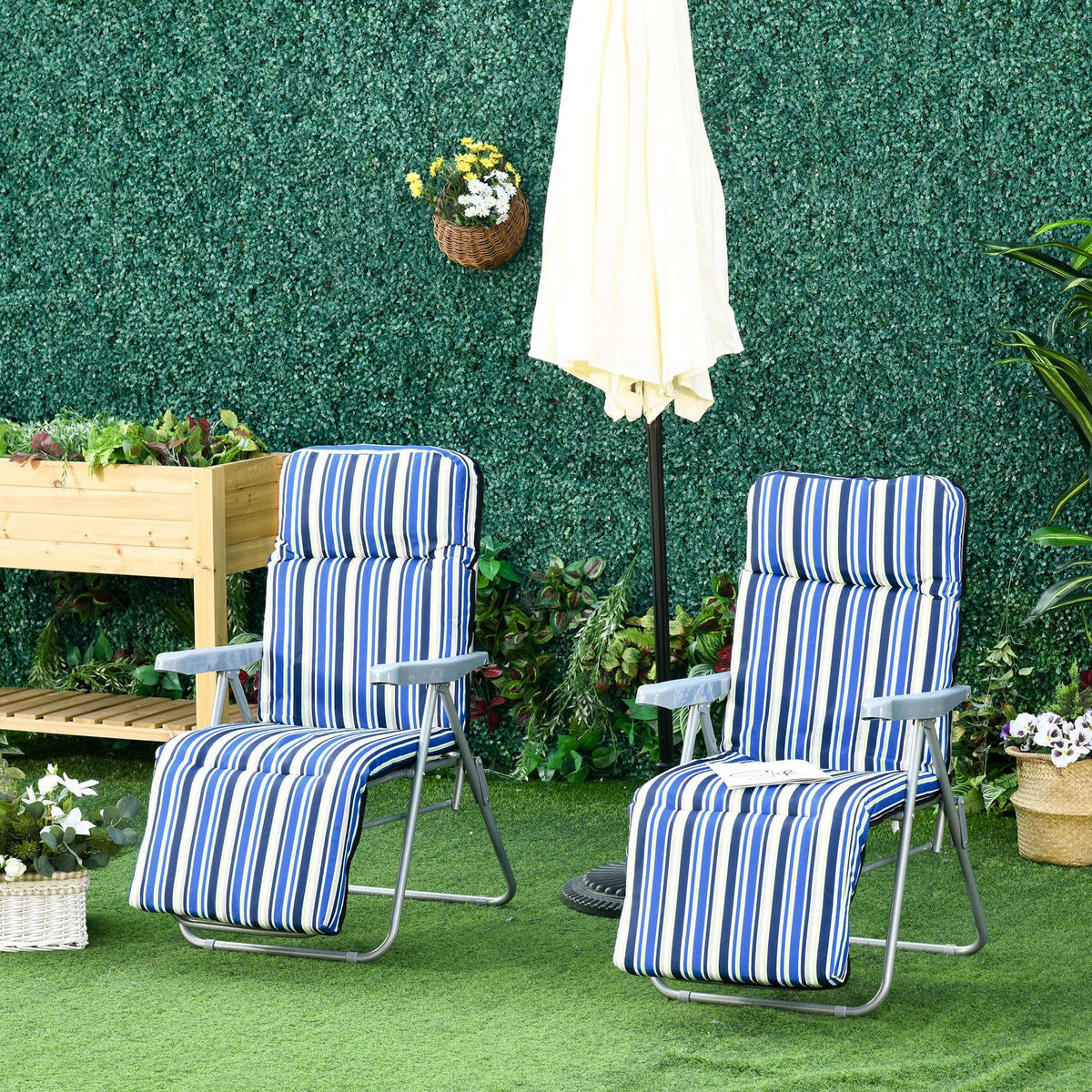 SONNENLIEGE Set mit 2 klappbaren mit 5-fach verstellbarer Rückenlehne, 60 x 75 x 102 cm, Blau und Creme - Blau, Metall (60/102/75cm) - Vallsero