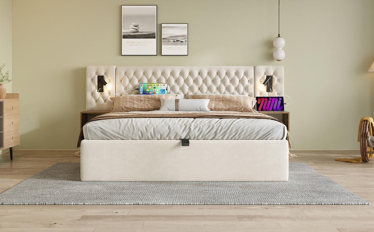 DOPPELBETT Beige 261/210/105 cm - Beige, Holzwerkstoff/Textil (180/200cm) - Urban Meuble