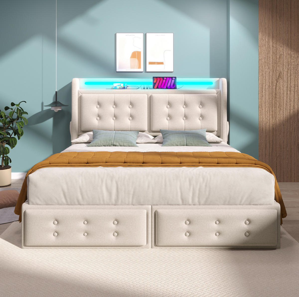 BETT mit LED, USB-C und 4 Schubladen 140x200 cm Beige - Beige, Metall (140/200cm) - Meubliv