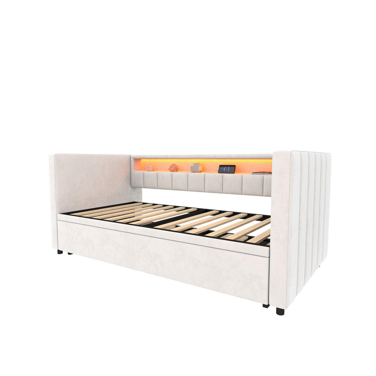 SCHLAFSOFA 90x190cm Ausziehsofa,USB-/Type-C-Anschluss,Samt,Grau - Beige, Textil (201/73/100cm) - LVHOM