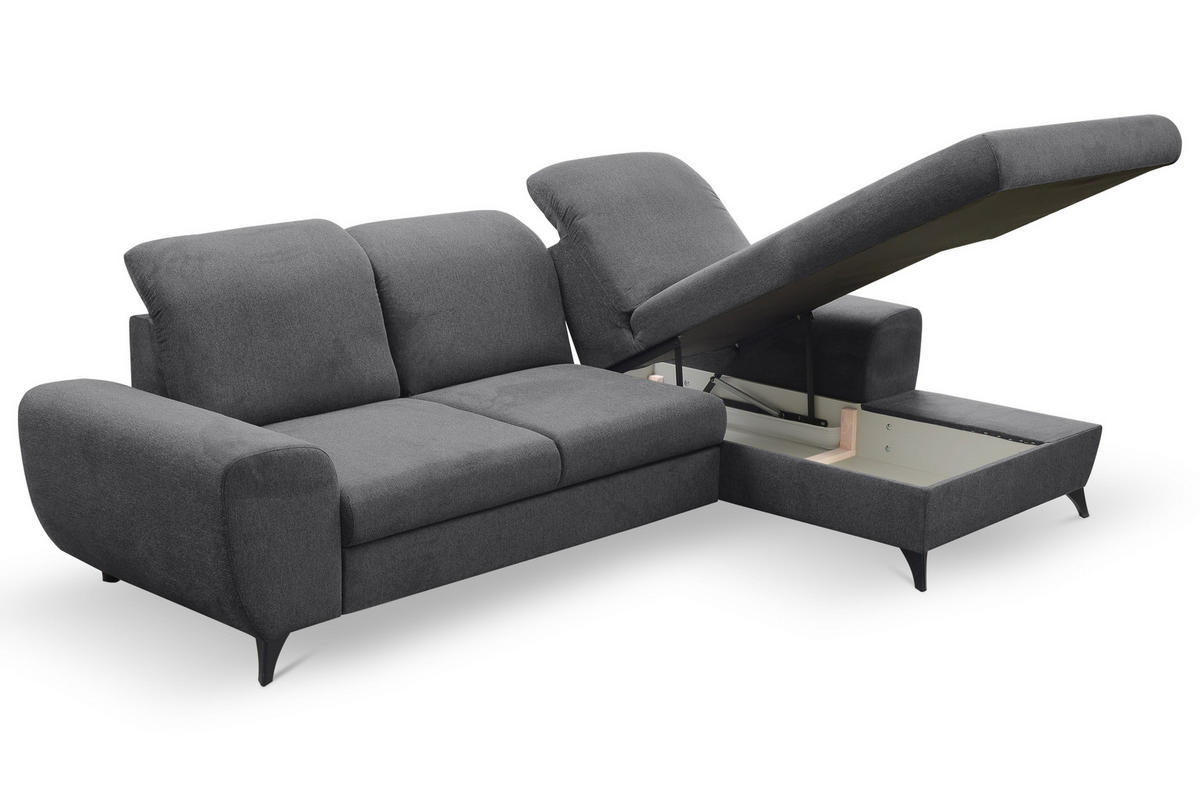 ECKSOFA LUCE R-S Grau Plüsch-Stoff mit Schlaffunktion - Grau, Holz (279/172cm) - MASSENO