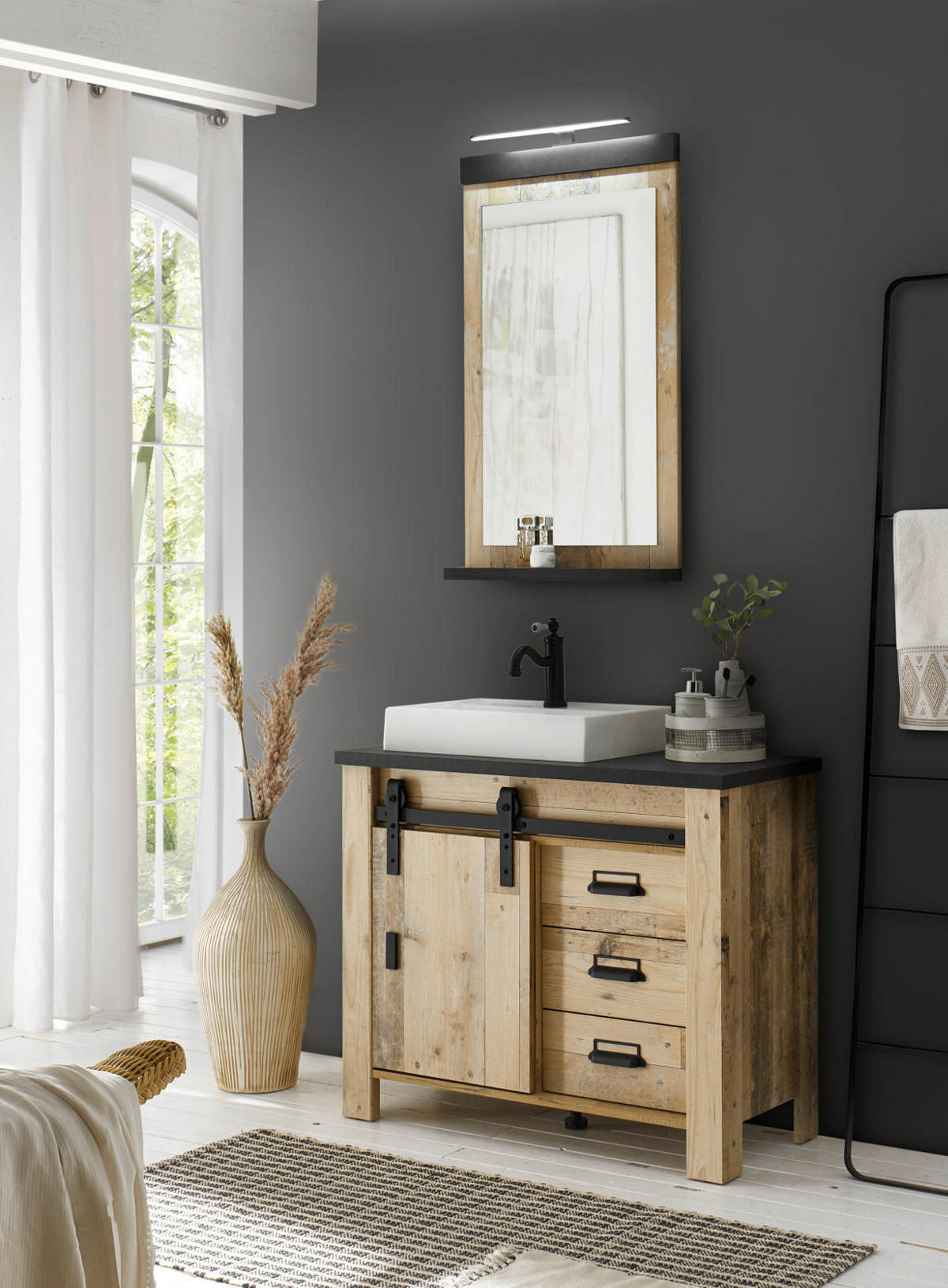 BADMÖBEL-SET 4-teilig, Used Wood hell, anthrazit, Badkombination mit Waschbecken LED Spiegellampe - Eichefarben/Anthrazit, Holzwerkstoff/Metall (95/210/43cm) - Furn.Design