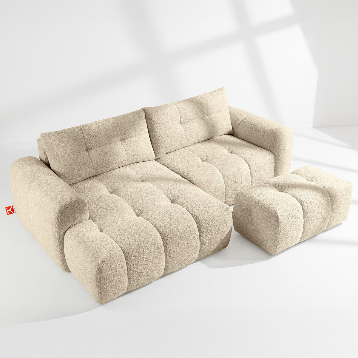 ECKSOFA MIT HOCKER RAVIA, Bouclé, Hellbeige - Sandfarben, Holz/Textil (96/50cm) - KONSIMO®