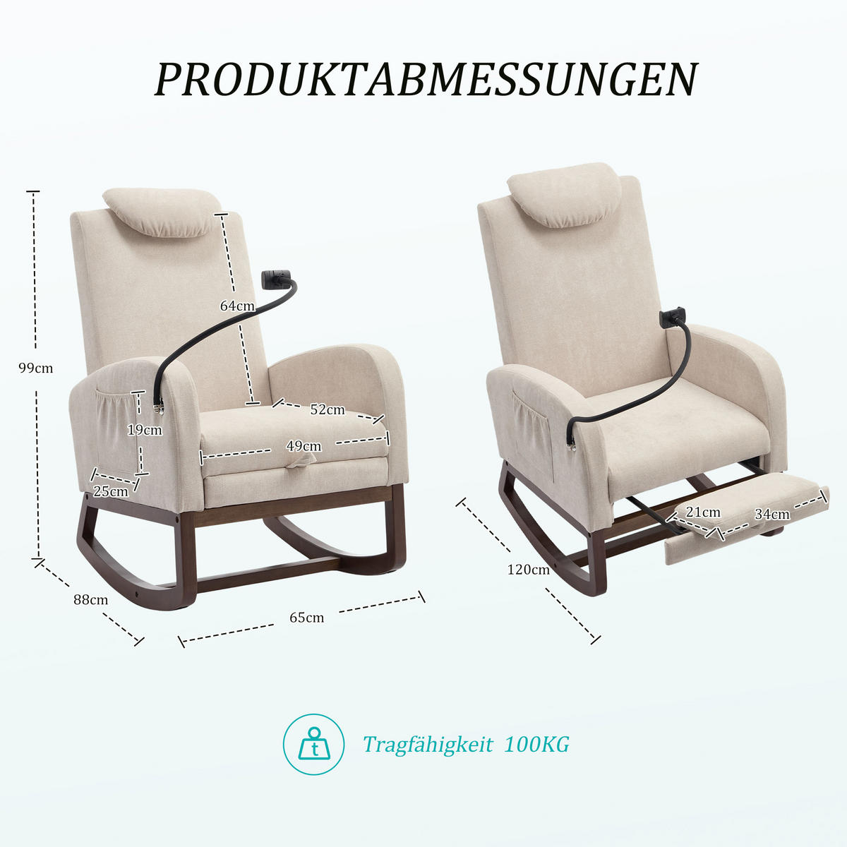 SCHAUKELSTUHL,LEINENSTOFF, Hohe Rückenlehne und Kopfstütze, ausziehbare Fußstütze/Handyhalterung – Beige - Beige, Holz/Textil (88/99/65cm) - KOMHTOM