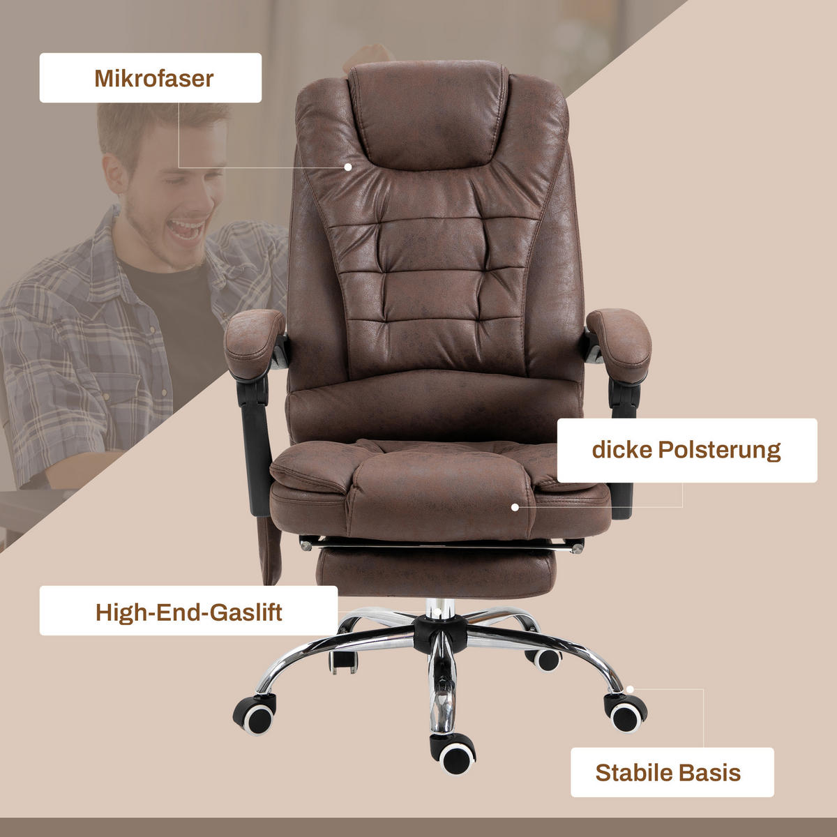 BÜROSTUHL mit Massagefunktion, Ergonomisch Schreibtischstuhl mit Liegefunktion - Silberfarben/Braun, Kunststoff/Textil (70/119/65cm) - Vinsetto